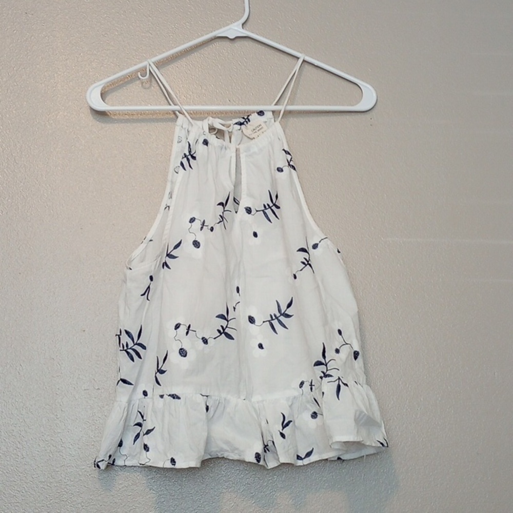 Caution to the Wind Womens Tank Top Sz M Cropped Peplum White Floral Sheer Light